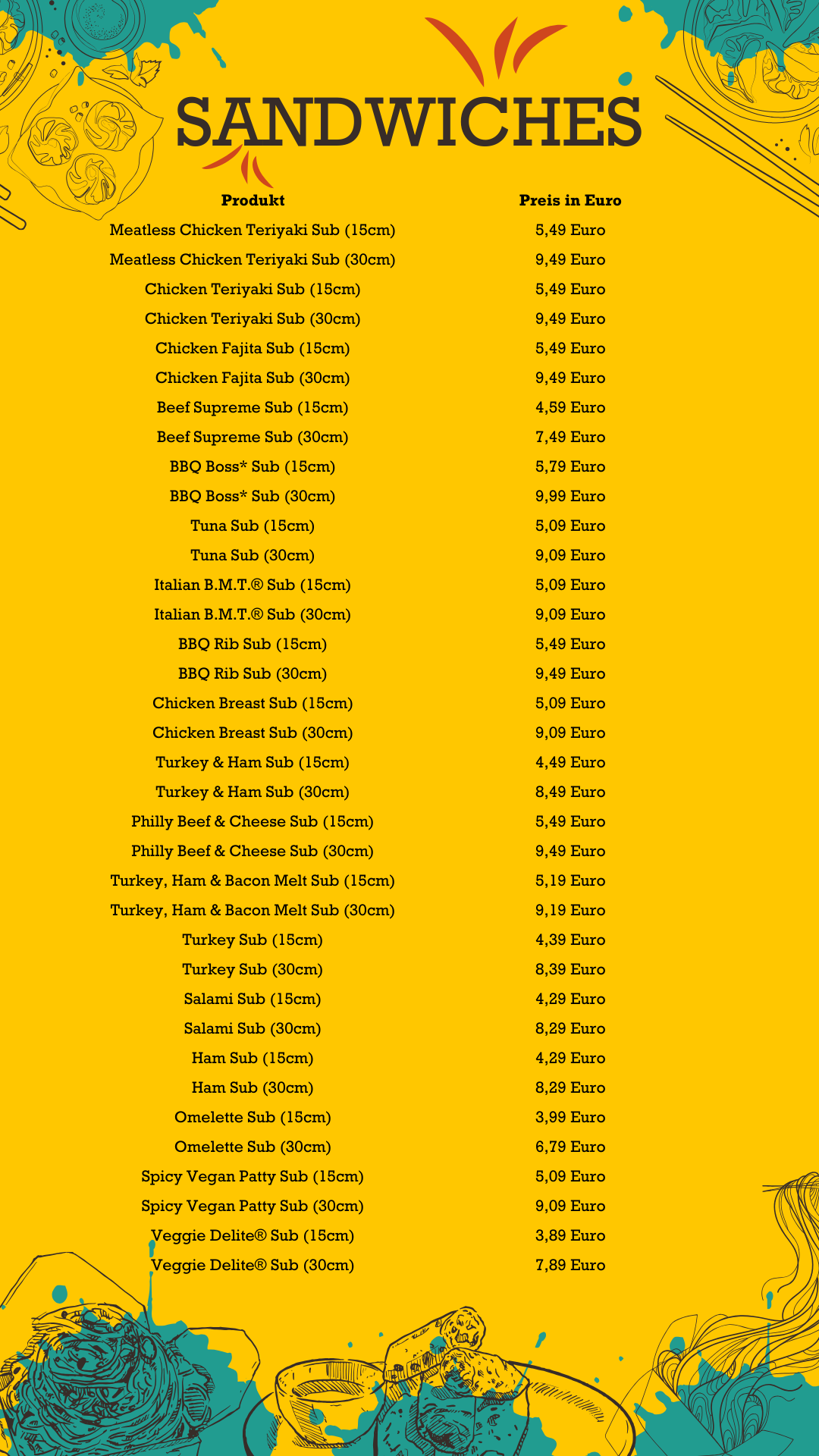Sandwiches Subway Preise